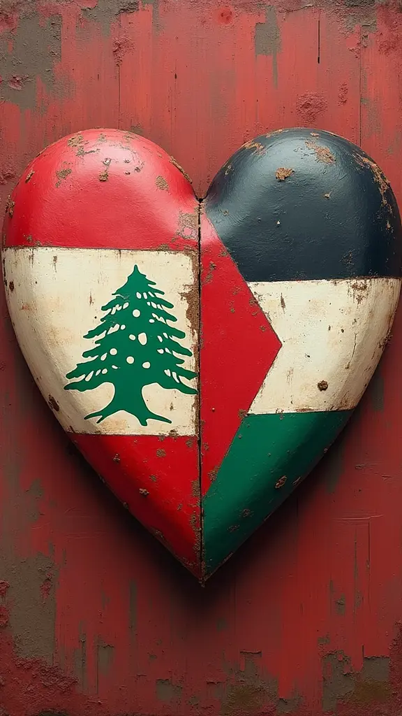 an image featuring the flag of Lebanon shaped like a heart hugging the flag of Palestine, also shaped like a heart.