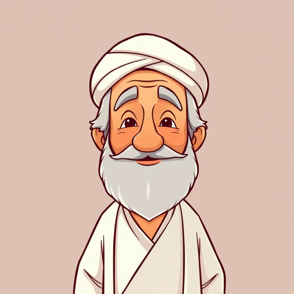 رسم كرتوني لرجل شيخ متدين مسن، ذو لحية رمادية ووجه طيب.
يرتدي جلابية بيضاء وعمامة بيضاء، ويقف في وضع وقور يعبر عن الحكمة والهدوء.
الألوان دافئة وهادئة، والخطوط واضحة وبسيطة، مناسب للاستخدام في الرسوم المتحركة أو المحتوى التعليمي.