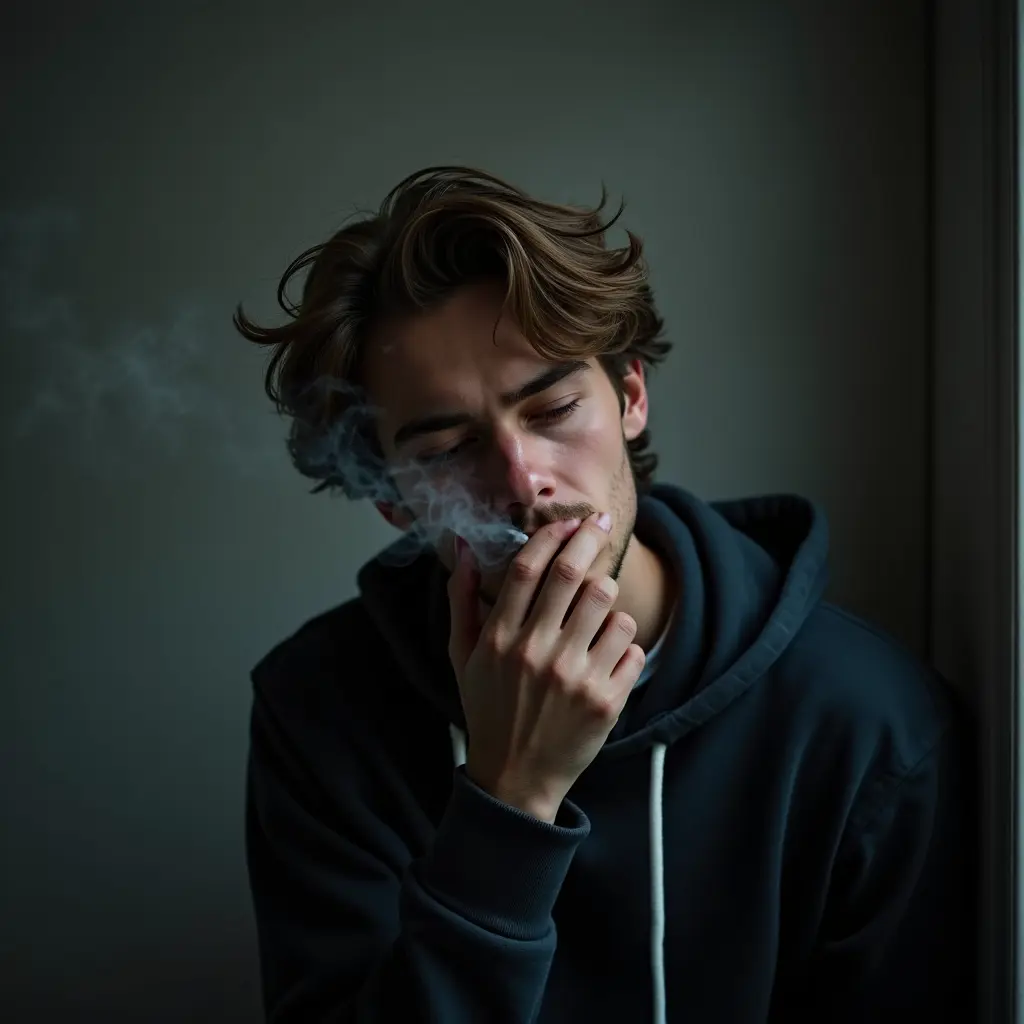 صورة شاب اسمر حزين يدخن