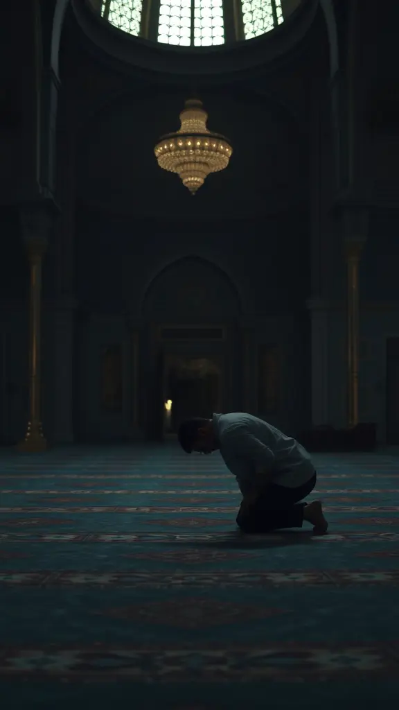 رجل يسجد داخل المسجد مع اضائه خفيفه جدا وغامقة