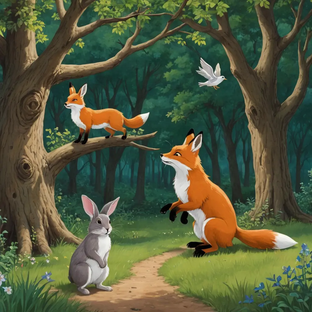 أرغب في صورة تحكي قصة من ثلاث مشاهد:
مشهد أول: شجرة كبيرة بجانبها ثلاثة أرانب تلعب بمرح، وعصفور يغرد على إحدى الأغصان.
مشهد ثانٍ: يظهر ثعلب شرير يقترب بخبث، يبدو كأنه يخطط لاصطياد أحد الأرانب، بينما الأرانب تبدأ بالشعور بالخطر.
مشهد ثالث: الثعلب يقترب أكثر، والأرانب تبدو مرتعبة وتستعد للهرب.