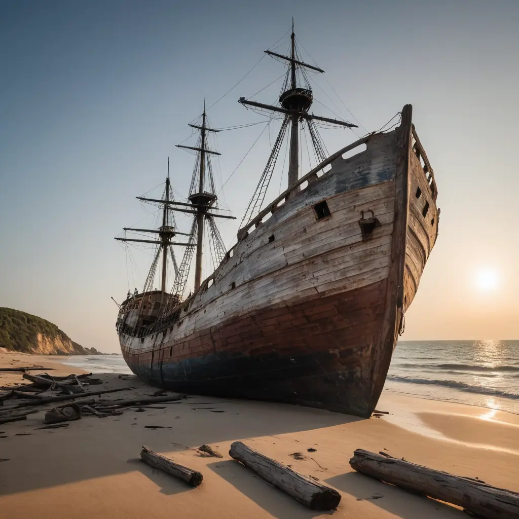 سفينة كبيرة قديمة مهجورة على شاطئ البحر قبل الغروب متقطعة الشراعات متهالكة الخشب جميلة المنظر