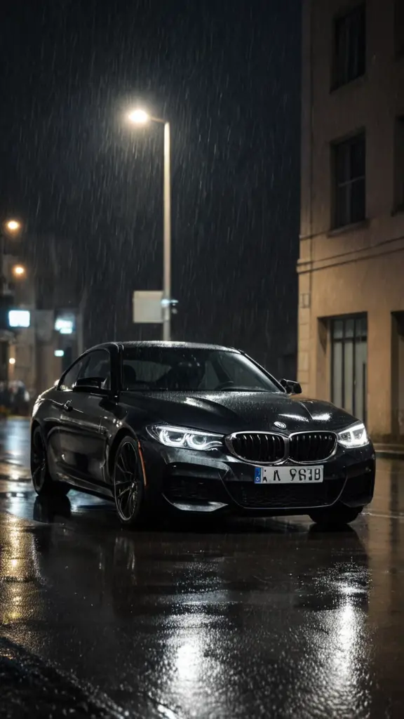 عربيه سوداء BMW في المطر في الليل