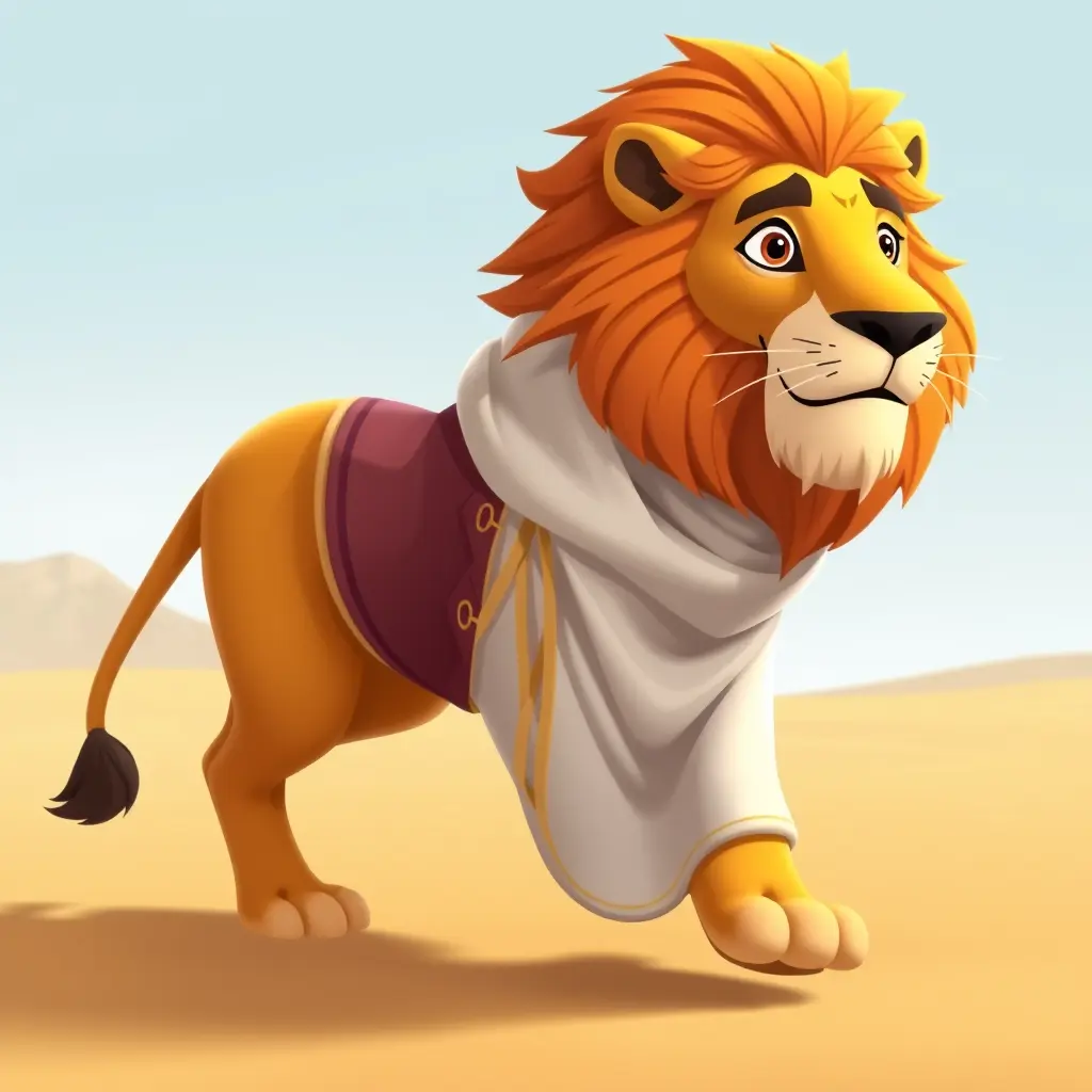 صورة متحركة لأسد يمشي بزي عربي