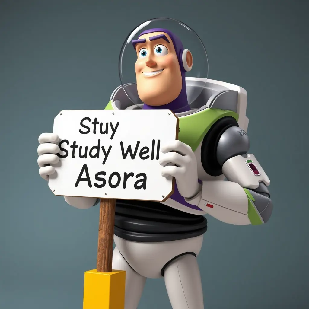 شخصيه Buzz يحمل لوحه مكتوب عليها Study Well Asora