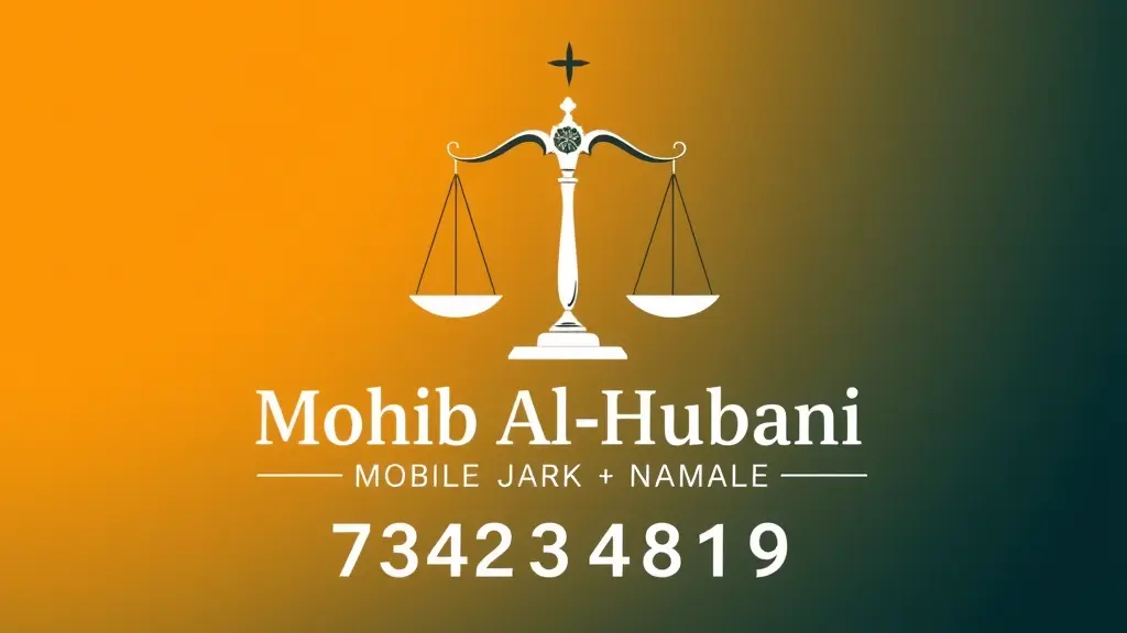 تصميم شعار مكتب محاماة مع ميزان العدالة باسم مهيب الحوباني ورقم الجوال  734234919