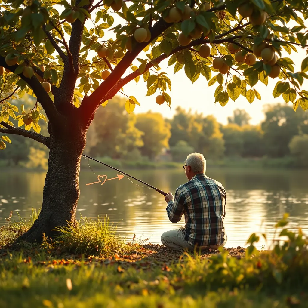 رجل في وسط الطبيعة الهادئة يقوم پإصطياد السمك قرب شجرة مثمرة منقوش عليها قلب سهم بدقة عالية