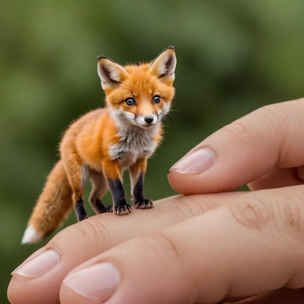 صورة ثعلب كيوت صغير جدا يقف على اصبع امرأة بتفاصيل حقيقة
