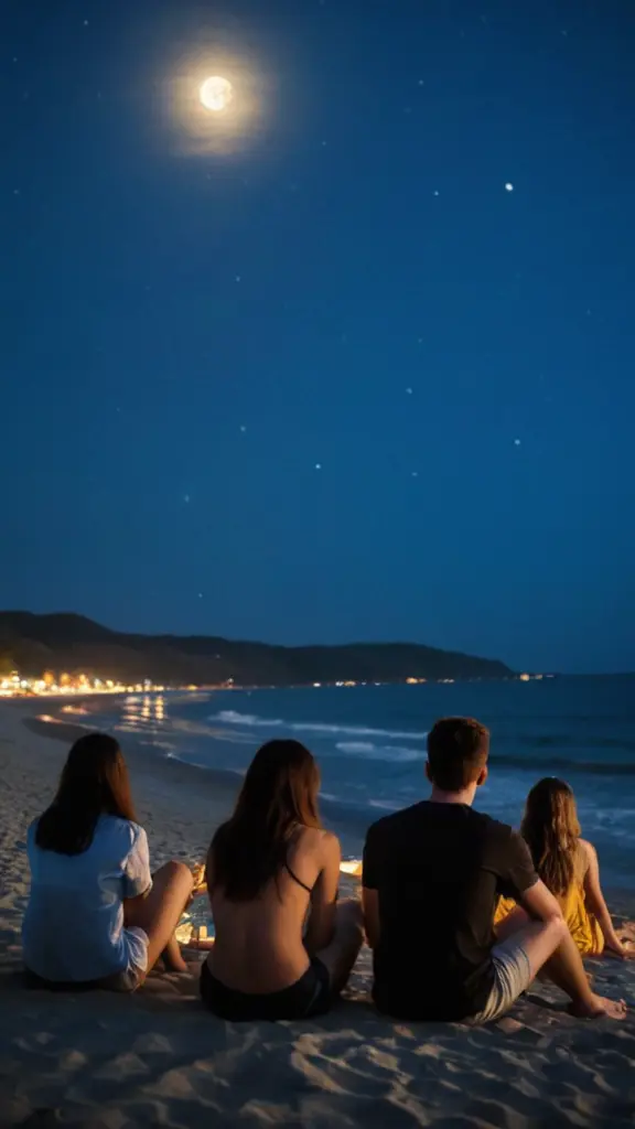 جلسة شباب على الشاطئ في الليل و ضوء القمر