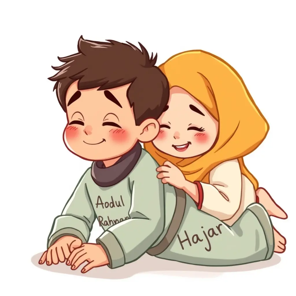 صوره  كرتون ولد وبنت بيحبو بحب وي الولد لبسو مكتوب عليه عبد الرحمن والبنت هاجر 