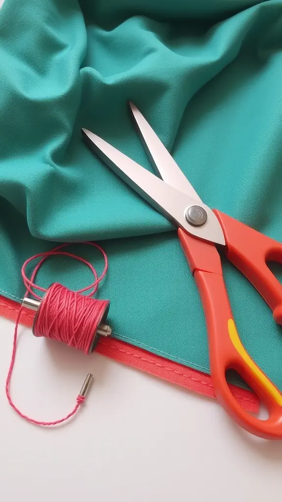 2/ Pieces of fabric, scissors, colored thread reel, and a needle