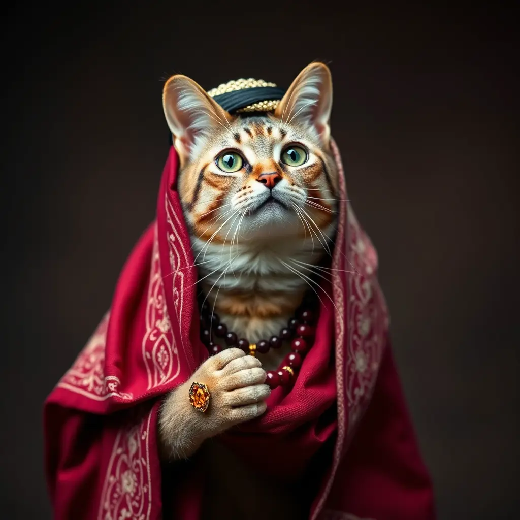 قطة ترتدي جلابية وطاقية وتمسك مسبحة