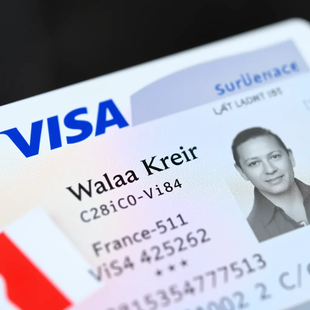 صورة لبطاقة VISA 
ل شخص اسمه Walaa Kreir 
و تكون الفيزا ل فرنسا مع العلم الفرنسي على الصورة 