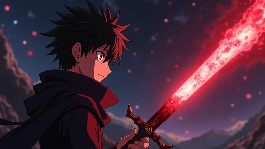 شخصية انمي ذوع اربع عيون شارنغان منفصلة ينطلق منه طاقة غضب وحقد لونها اسود مشع , ينظر لنيازك ساقط من السماء مشع بطاقة مظلمة شديدة السواد , الكثير من الدماء في سيفه , موجود في قرية في الفضاء.نيزك يحطم القمر .