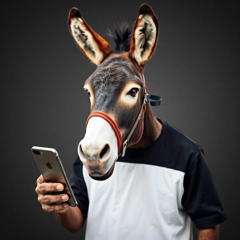 حمار لابس تيشيرت ابيض واسود وحامل موبايل