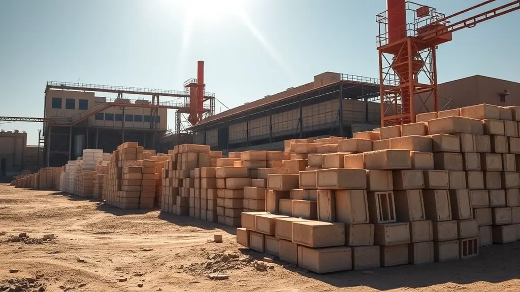 A detailed industrial scene of a modern block factory in an open area, where the harsh sunlight shines over neat piles of volcanic blocks that make up the Khalid Obaid Al Sahli factory in the Medina region. I am looking for it. I want to use the same block images.