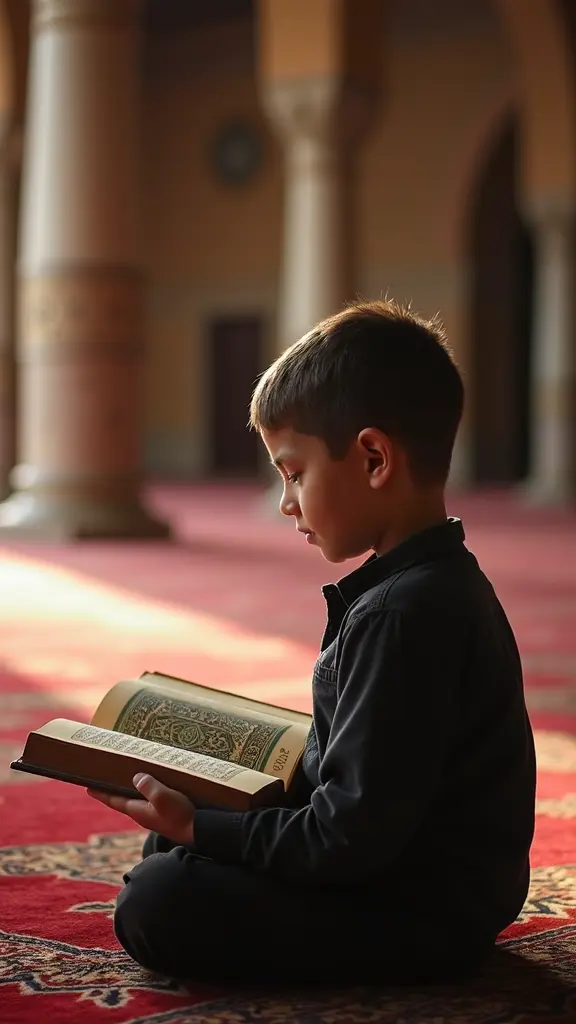 مصحف مفتوح في مسجد وولد صغير يقرأ منه