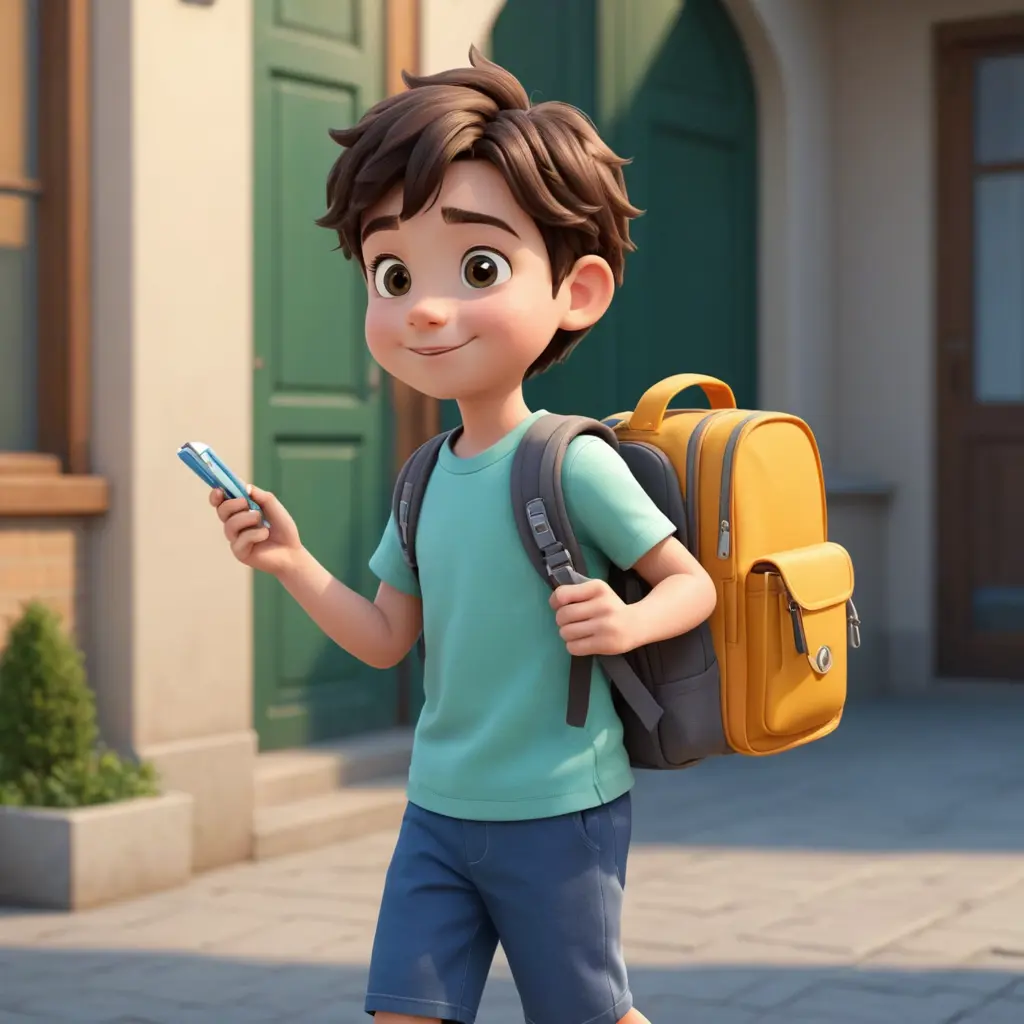 ولد شخصية كرتون ، تحمل حقيبة مدرسة ، يمسك بيده لانش بوكس