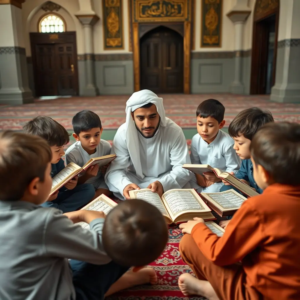 اطفال صغار في سن العاشرة يجلسون في حلقة في المسجد يدرسون القران الكريم كل طفل معه مصحفه الخاص ومعهم شيخ شاب جميل الهيئة لا يلبس غطاء الرأس