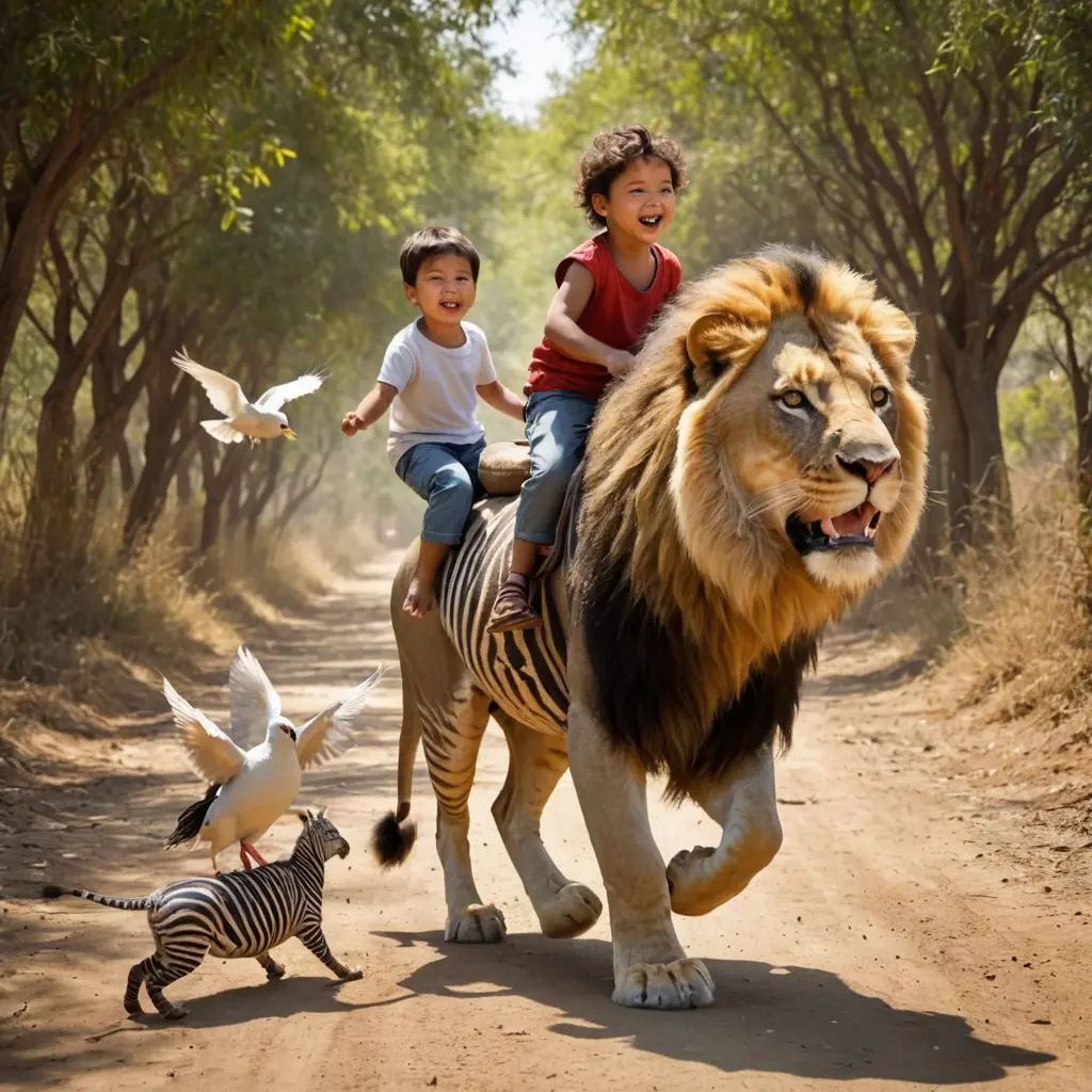 طفل راكب علي اسد وماسك حمامه وبيجري وراه ثعبان صغير وحمار وحشي راكب معا الولد