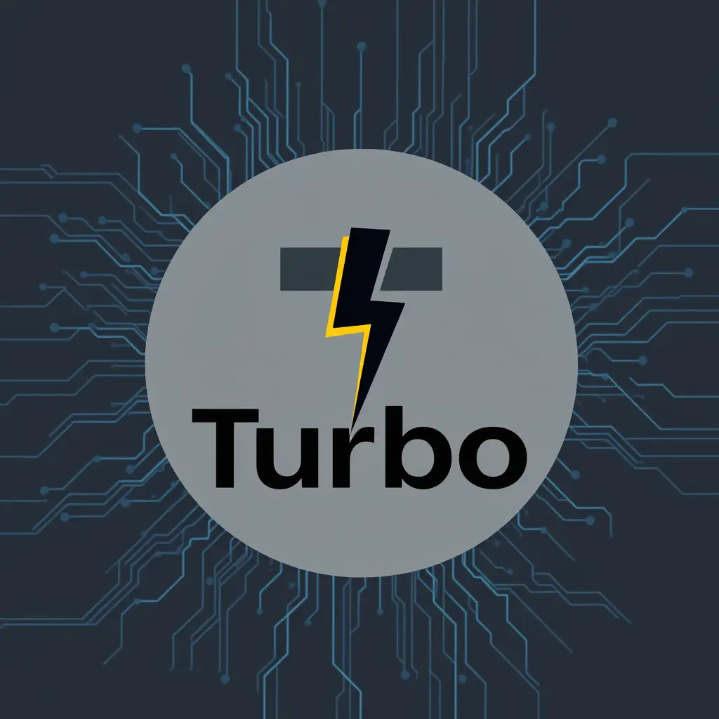 شعار أنيق لشركة برمجه، لوغو الاعدادات لونه رمادي مع حرف T، باللون الاصفر و الاسود.اسم turbo باللون الاسود مع برق . خلفيه تكنولوجيا