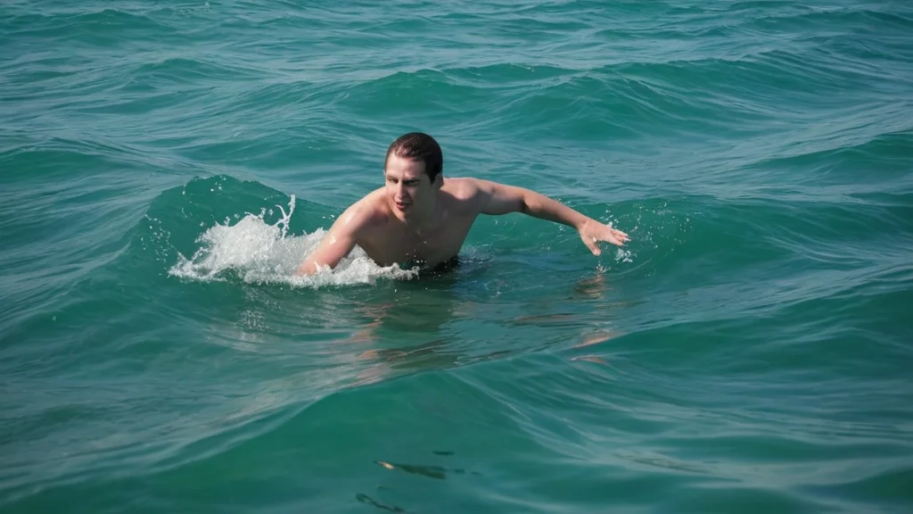 صورة شخص يسبح في البحر ويحاول الخروج