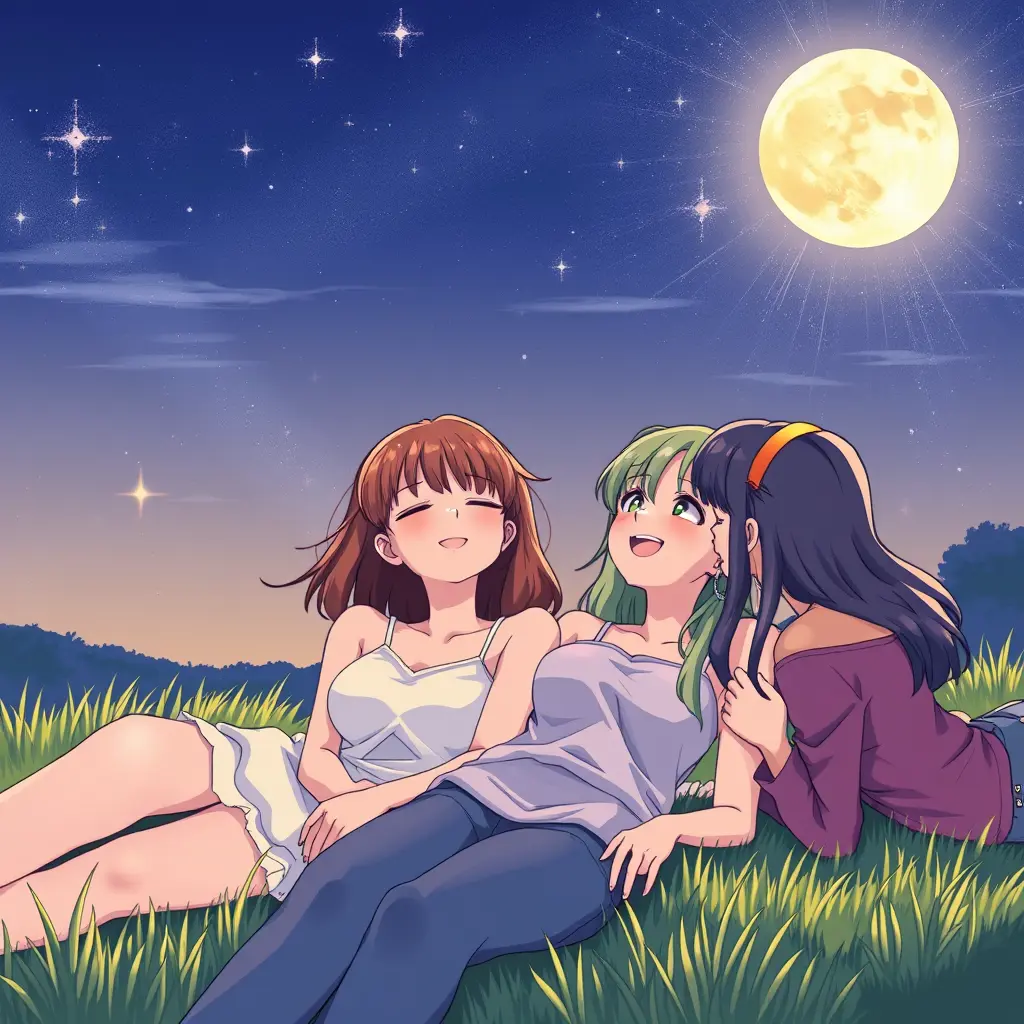 مشهد صديقات عددهم 4 ينظرون إلى القمر ، يرقدون على الأرض ويتحدثون في بهجة