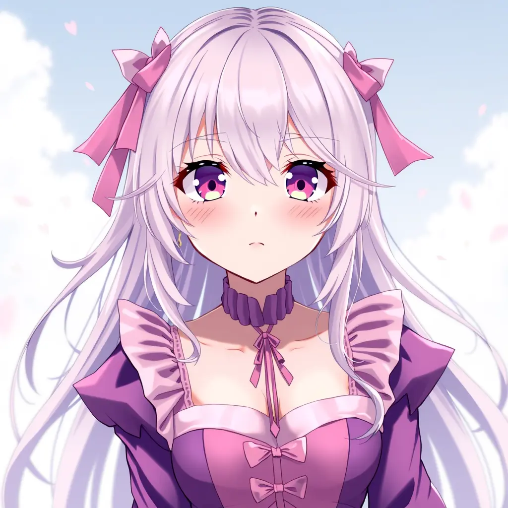 ، بنت انمي محجبه جميله 3d وفستانها لونه بنفسجي وبينك ووردي وعيونها جميله عين بنفسجيه والاخرى ورديه وتكون بقمه الجمال،