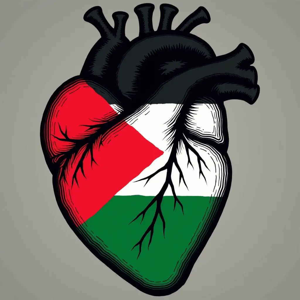 صورة قلب انسان حقيقي على شكل علم فلسطين مع النجمة السباعية
