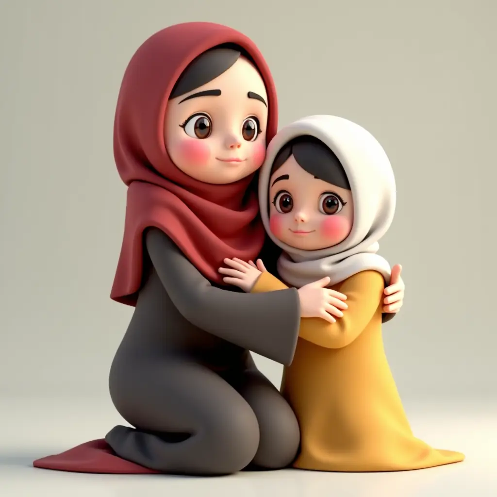 صوره كرتونيه 3d لام عربيه محجبه تحتضن بنتها الصغيره بشرتها بيضاء