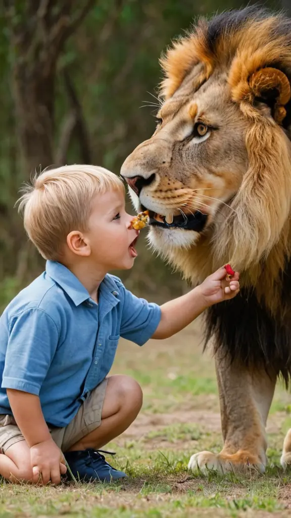 صورة طفل صغير يأكل اسد