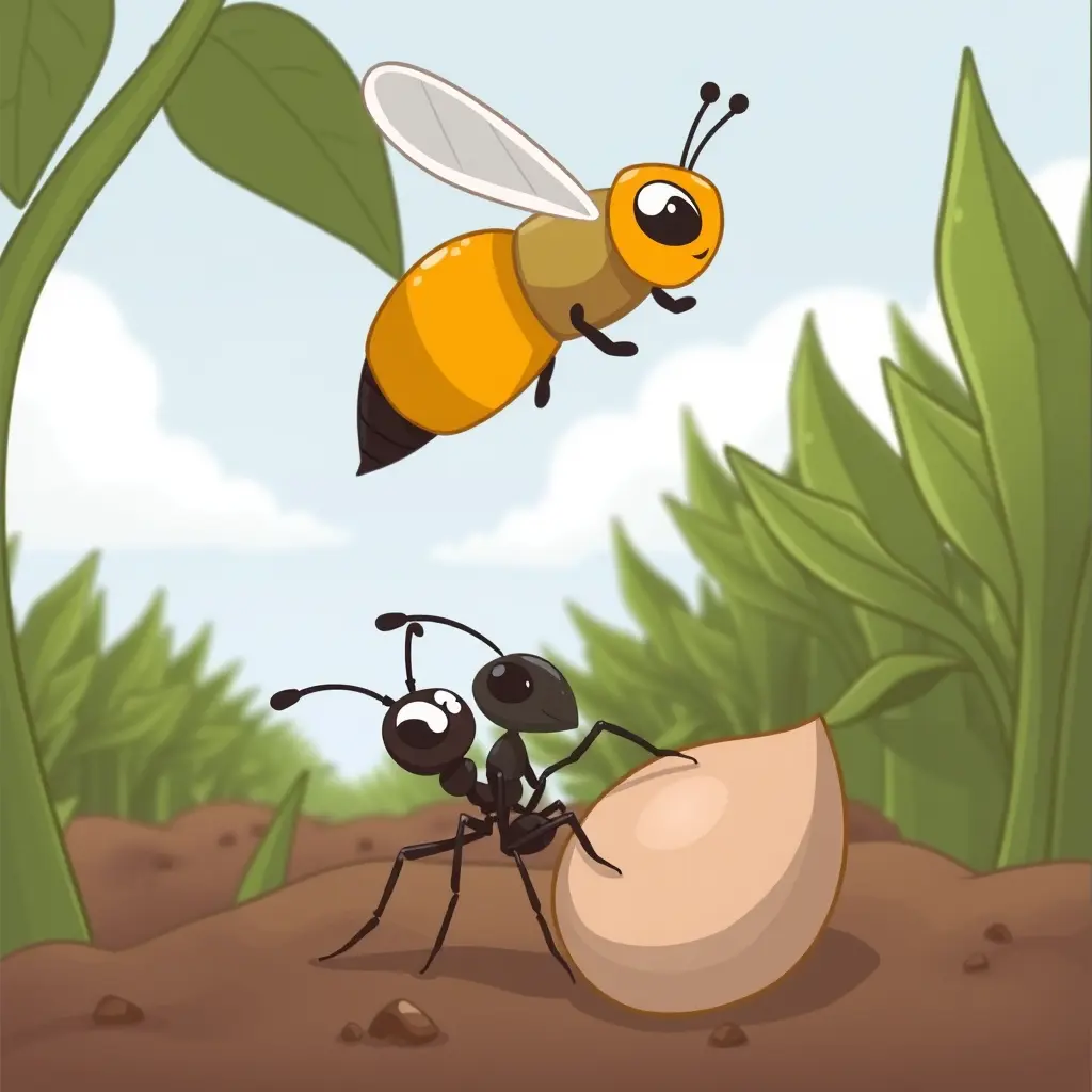 نملة شايلة حبة كبيرة ونحلة طايرة فوقها وبتتكلم معاها باسلوب كرتون والنملة بين الزرع والنحلة بتبصلها من فوق الزرع