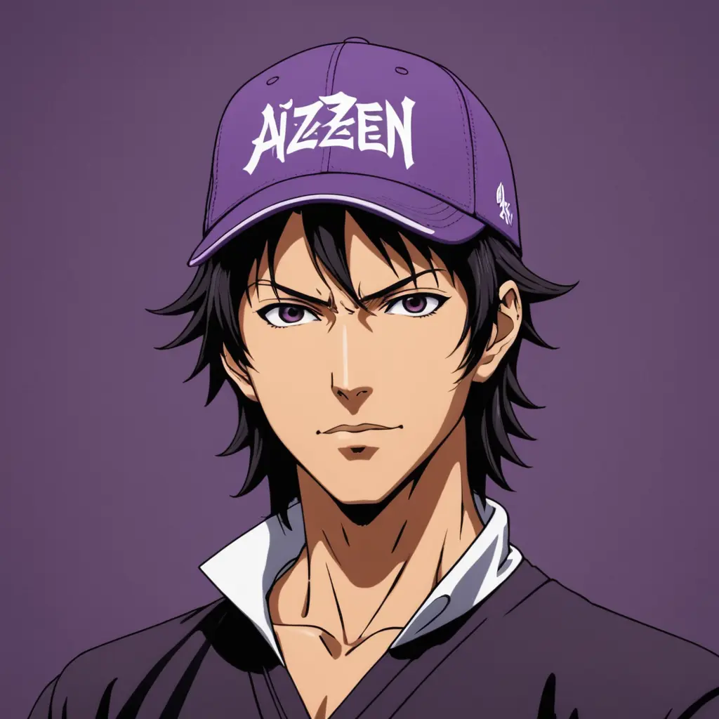 شعار قيمنق انمي يكون للرجالا الخلفيه سوداء على لون بنفسجي واسم الشعار Aizen لابس كاب مكتوب على الكاب ايزن با العربي وشعر الشخصيه اسود