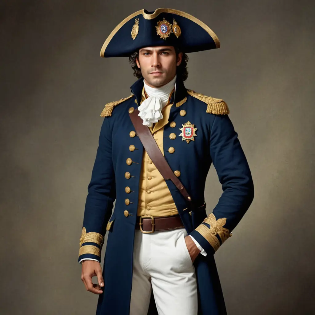 Um sargento brasileiro, robusto e imponente, veste o uniforme característico da época colonial. Seu casaco azul-marinho, ornado com botões dourados e o brasão da coroa portuguesa, contrasta com a calça branca de linho que se estende até as botas de couro desgastado pelo tempo. O chapéu tricórnio, também em azul-marinho. Criar a imagem no estilo pintura de debret