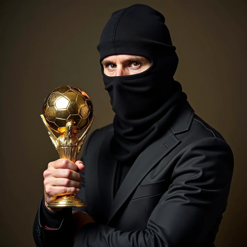 ميسي يرتدي قناع الحرامي وفي يده كرة الذهبية
