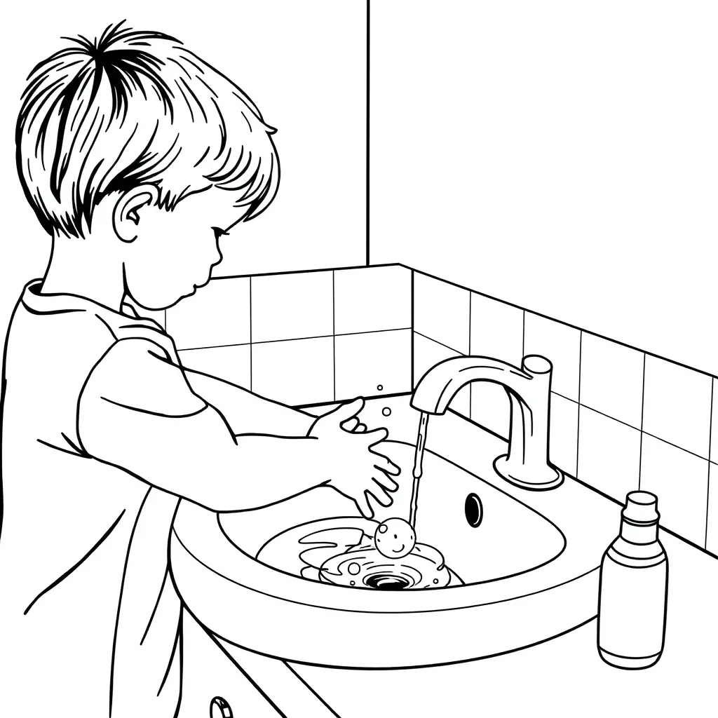 طفل يغسل يديه على المغسلة... تكون الصورة بالخطوط للتلوين