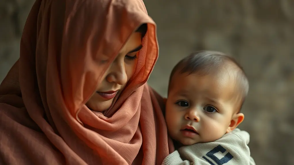 ام محجبة ومعها ابنها الصغير