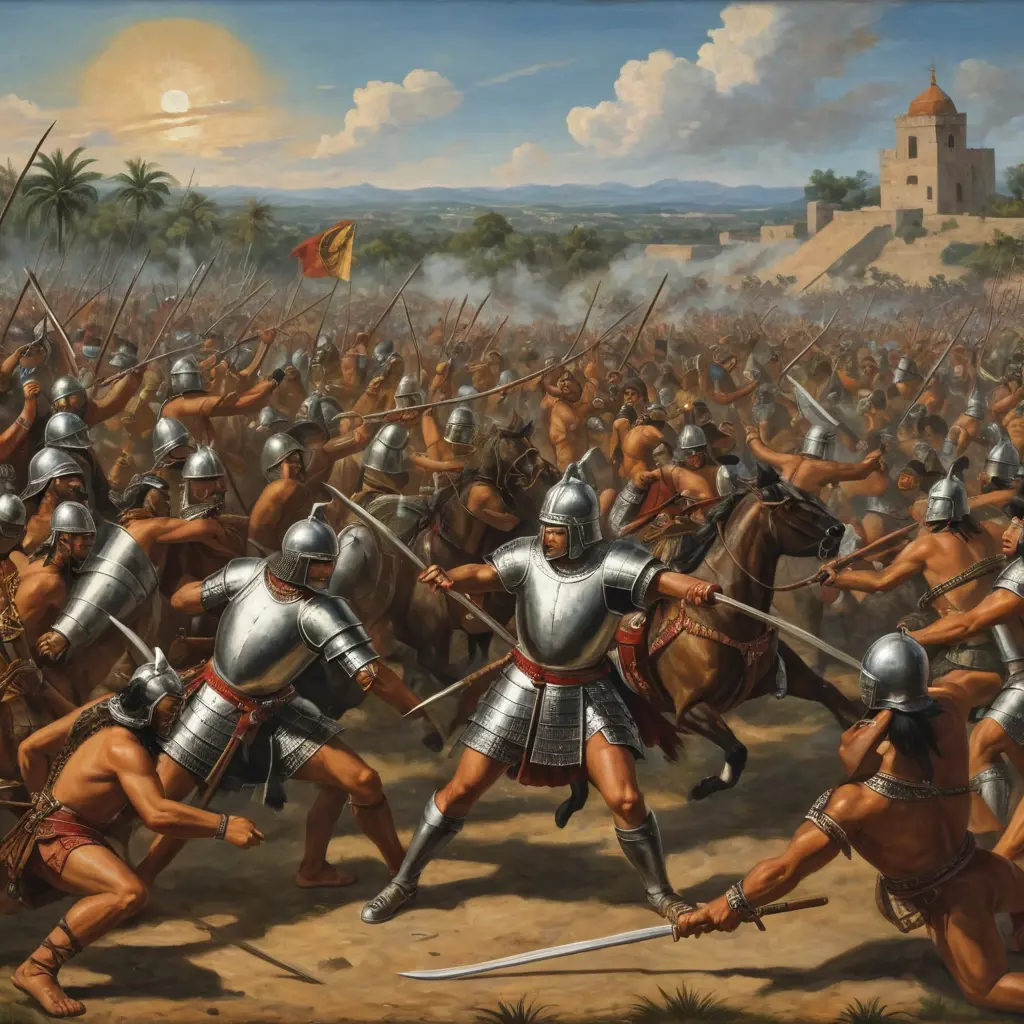 Pintura al óleo de una batalla entre indígenas aztecas y conquistadores españoles en México en 1521. Los aztecas llevan máscaras de leopardos y panteras, y están armados con lanzas, arcos y flechas. Ampliar el espacio del cielo. Proporcion 2:3. Estilo renacimiento.