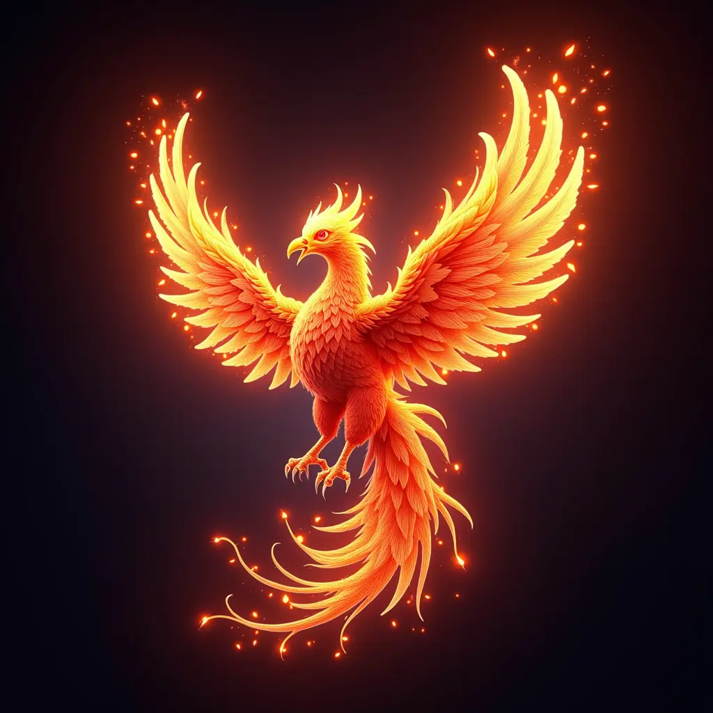 شعار طائر العنقاء يخرج من نيران رقمية، بمظهر مستقبلي وألوان نيون مضيئة، ثلاثي الأبعاد