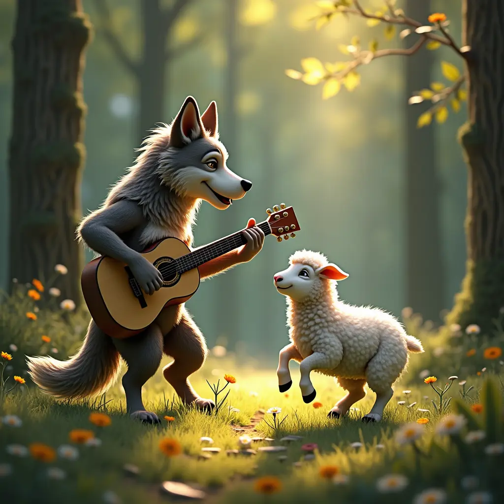 ذئب يعزف قيتار و بجانبه خروف يرقص في الغابة