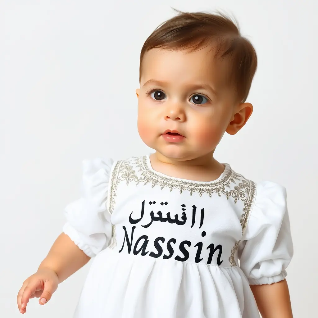 ولد رضيع لابس ثوب أبيض مكتوب عليه ياسين بالعربي