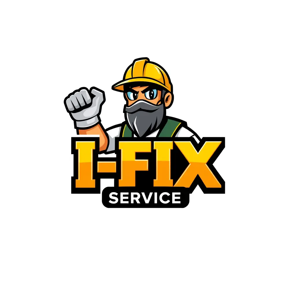 Generate a detailed mascot style logo in 3d for a company named 'I-FIX' in the construction field. The logo should prominently feature repair and maintenance and SERVICE which uses cold colors palette.