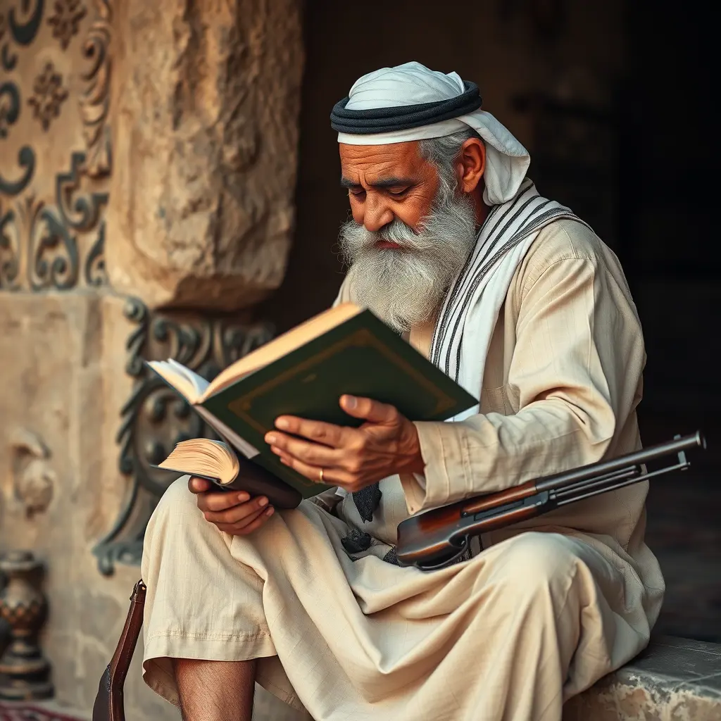 صورة عالية الدقة لي رجل عجوز عربي يقرأ في كتاب وعلا رجله قطعه سلاح قديمة