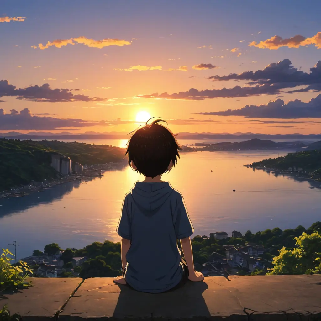 طفل انمي يشاهد الغروب ، ضهر