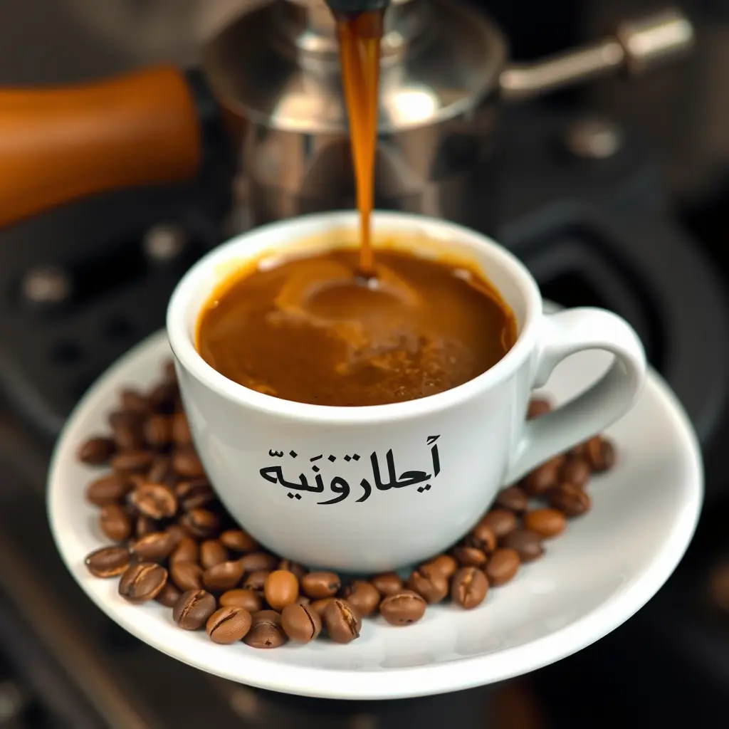فنجان من القهوه عليه اسم محمص مشكل مكتوب باللغه العربيه