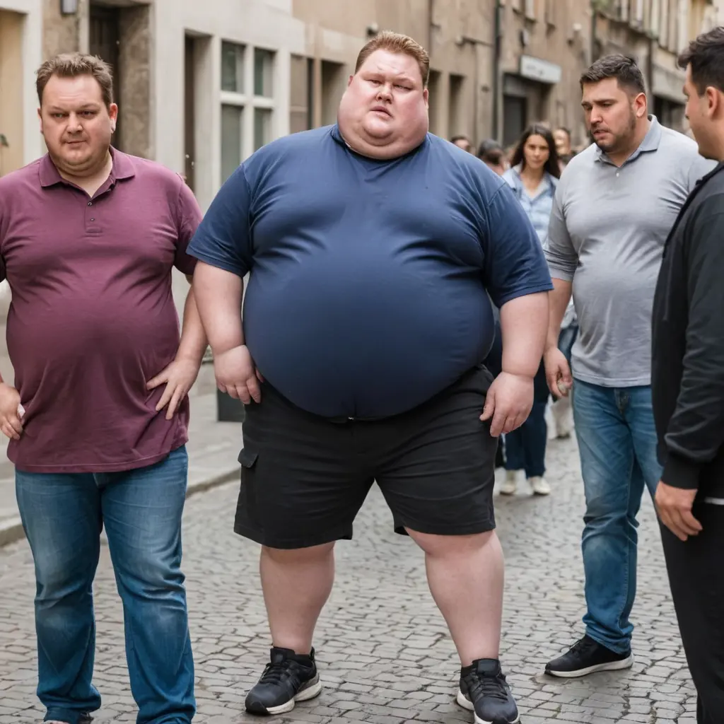رجل سمين يتعرض للتنمر من عدة اشخاص بسبب كرشه الناس ينظرون له و يسخرون منه