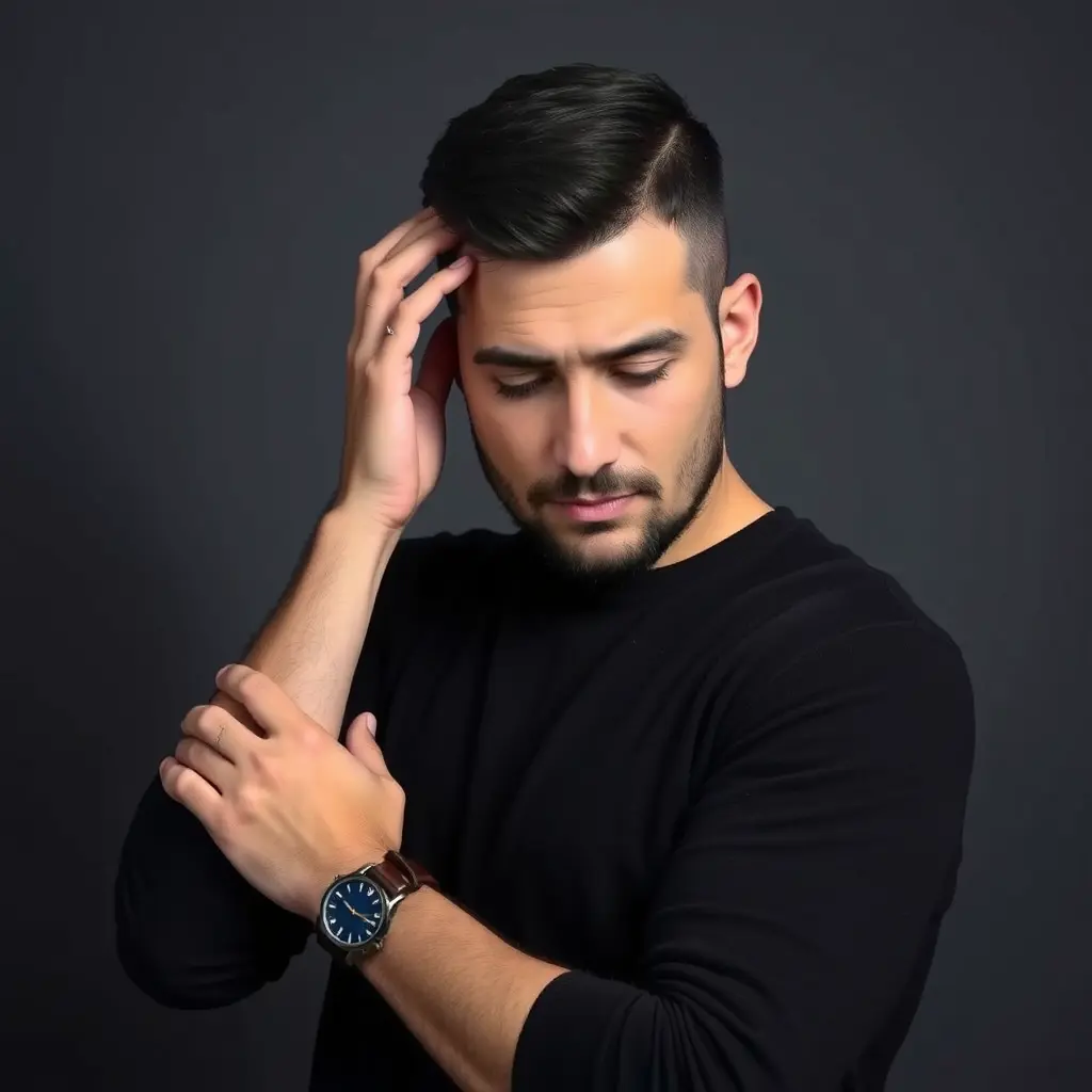 Abdullah Saban ABram Nabil A man with short dark hair, light skin, and a medium build is the central subject. He is of a young-to-middle adult age. He wears a dark-colored, possibly black, long-sleeved sweater or shirt. He has a noticeable beard and mustache, and is wearing a watch with a dark brown leather band and a blue face. His expression is pensive or slightly thoughtful, with his eyes gazing downwards. His left hand rests lightly on his forehead. His arms are crossed over his chest. He is positioned slightly off-center towards the left side of the image, and he is facing the camera, though his gaze is slightly downward. The background is a simple, muted gray. The lighting is focused on the subject, creating a subtle highlight on his face and upper body, while the backdrop is in shadow. The overall style is sophisticated and slightly melancholic. The composition is simple and direct, focusing primarily on the man's features and body language. The colors are mainly dark and muted, with a neutral palette.