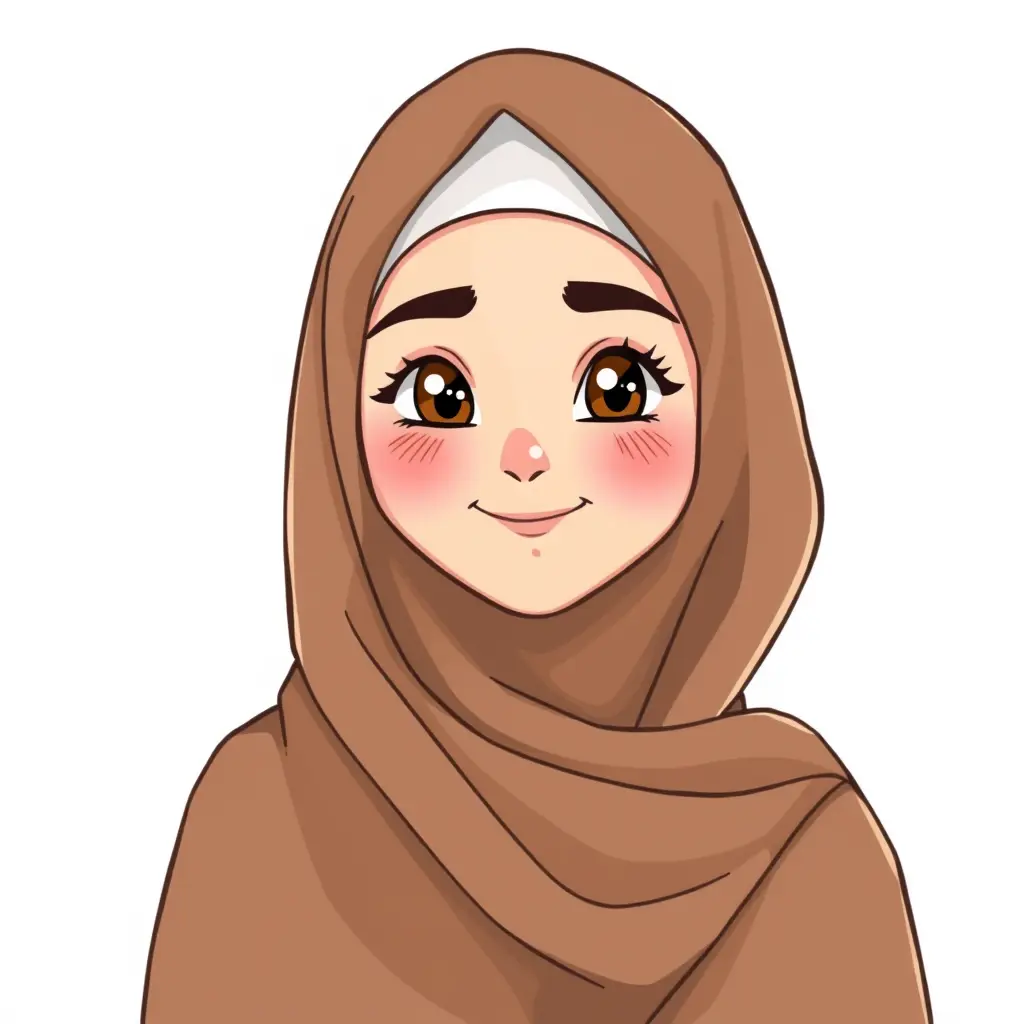 قم بانشاء صورة لبنت محجبة تبتسم ابتسامة خفيفة ومرتدية الحجاب ولون الحجاب بني واجعلها جميلة اجعل الصورة كرتونية والخلفية بيضاء