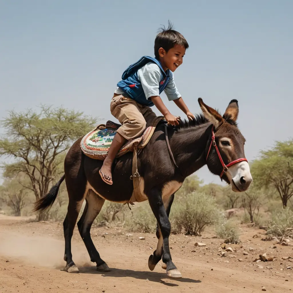 حمار يطير في سماء وعلى ضهره طفل