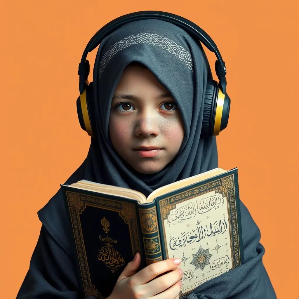 طفله محجبه ماسكه مصحف ولابسه هيدفون